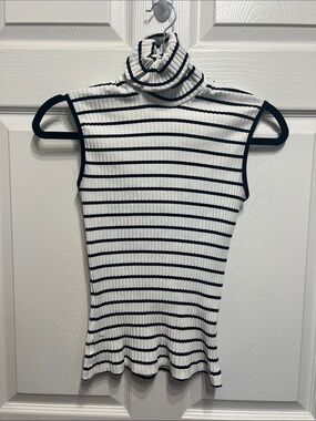 Mango White and Black Striped Sleeveless Turtleneck Top